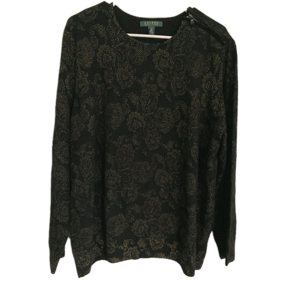 Lauren Ralph Lauren Sweater Women 3X Blk/Gld Paisley 100% Wool Zip Shoulder NWOT